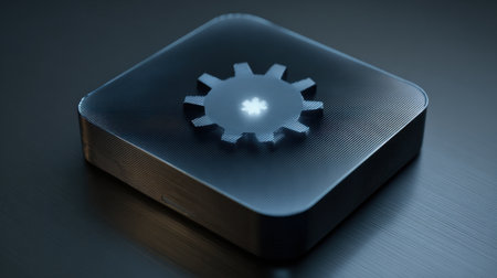 A glossy dark gear icon sits on top of a dark, striated square surface, suggesting a mechanical or technological concept. The setting is clean and simple.の素材