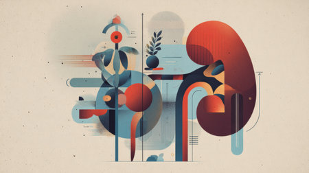 This artwork features a blend of geometric shapes and organic forms, displaying a vivid color palette that evokes a sense of nature and creativity.の素材