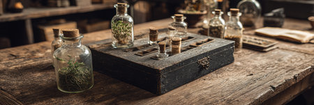 An ancient workshop displays glass jars filled with herbs, arranged on a weathered wooden table alongside a wooden box and various small items.の素材