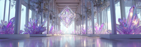 A long, light hallway featuring large quartz crystals is lined with window panes, with hanging crystal structures above during the daytime.の素材