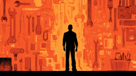 A workers silhouette stands in front of a bright orange backdrop adorned with an array of tools, showcasing a busy workshop atmosphere in daylight.の素材