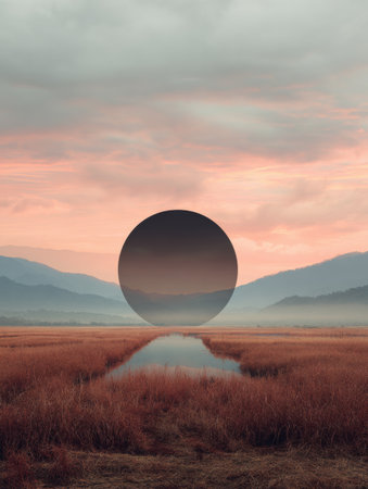 A vast marshland at dusk features a giant black sphere suspended in the sky, reflecting the soft hues of twilight against distant mountains.の素材