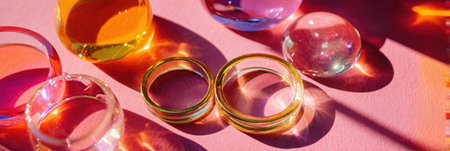 Brightly colored glass orbs and glimmering wedding rings are arranged on a vivid pink surface, creating an elegant and romantic atmosphere.の素材