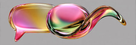 Colorful glass speech bubbles in pink and green hues showcase the theme of communication and conversation, ideal for a contemporary design setting.の素材