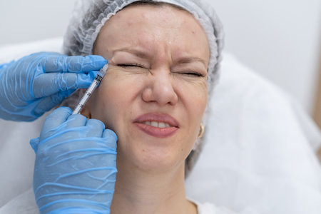 A woman is undergoing botulinum therapy in a clean clinical environment, experiencing mild discomfort as she receives injections for wrinkle reduction.の写真素材