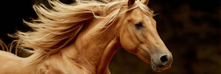 A golden horse runs energetically through a verdant field, mane flowing in the wind, under the warm hues of a sunset sky creating a tranquil atmosphere.の素材
