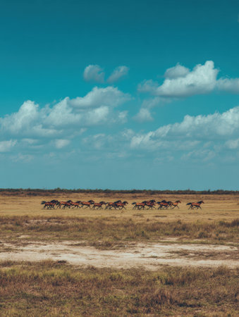 A herd of wild horses runs swiftly across a vast, golden landscape, with fluffy clouds scattered in a clear blue sky during the afternoon.の素材