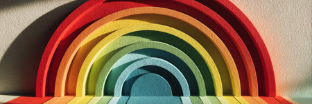 Layered foam shapes create a vibrant rainbow display, illuminated by soft natural light, showing bright colors in a creative indoor setting.の素材