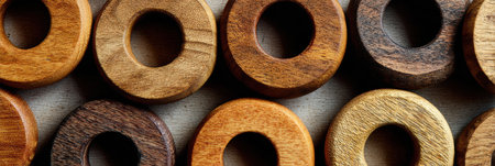 Close-up view of a variety of wooden rings displaying different textures and grains, arranged neatly in a horizontal row under soft lighting.の素材