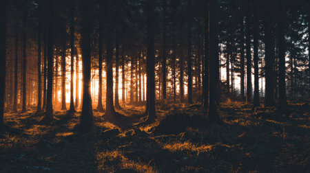 Sunlight breaks through tall trees, creating a warm glow in a serene forest. The atmosphere feels peaceful and calm in the morning light.の素材