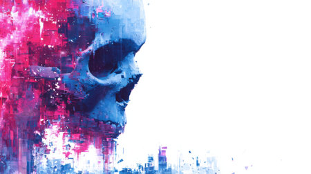 A striking digital design showcases a skull emerging with vivid pink and blue colors, creating a dynamic contrast with a plain white background.の素材