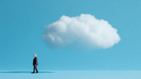 A person walks peacefully under a fluffy white cloud in a bright, blue sky, creating an atmosphere of calm and reflection.の素材
