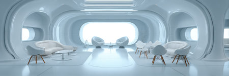 A spacious room features sleek white furniture, soft curves, and ample light from large windows, creating a serene and contemporary atmosphere.の素材