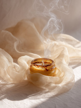 A warm candle emits gentle smoke while resting on delicate, sheer fabric. Soft afternoon light enhances the tranquil atmosphere of the scene.の素材