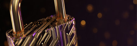 A metallic padlock stands prominently against a blurred background filled with glowing golden bokeh lights, showingcasing detailed patterns on its surface.の素材