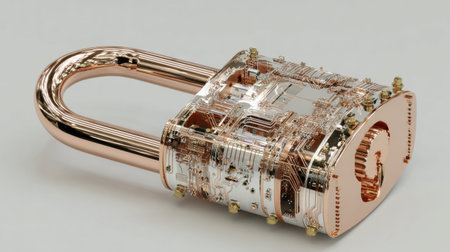A stunning padlock features an intricate design with exposed circuitry, highlighting the blend of technology and artistry.の素材