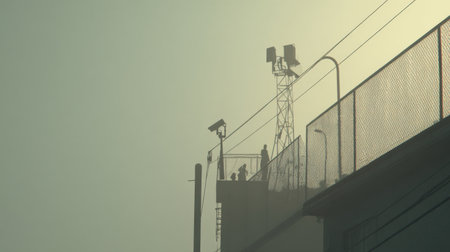 Figures stand on top of a tall structure amidst fog, with surveillance cameras and antennas overseeing the environment during early morning light.の素材