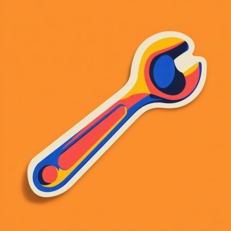 A vibrant and artistic depiction of a wrench is centered on a bright orange background, highlighting creativity and design in tools and craftsmanship.の素材
