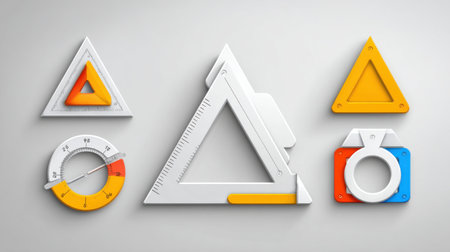 Colorful geometric tools on a light background showcase their role in students design and drafting activities.の素材