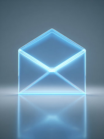 A glowing blue envelope with a futuristic design sits on a reflective surface.の素材