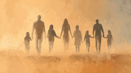 A group of nine individuals, including children and adults, are holding hands while walking through a foggy terrain during sunset, creating a serene atmosphere.の素材