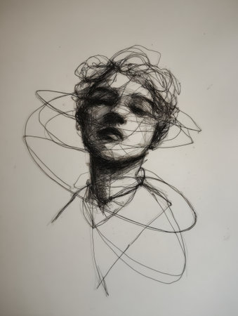 A detailed sketch features a thoughtful figure with swirling lines, emphasizing emotion and complexity in the facial expression and hairstyle.の素材