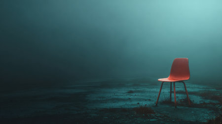 A bright orange chair is positioned alone in a foggy setting, surrounded by a mysterious atmosphere. The scene evokes feelings of solitude and contemplation.の素材