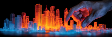 A detailed miniature cityscape model with bright orange and blue lights, featuring a hand gently touching one of the buildings, highlighting urban design.の素材