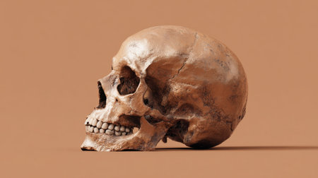 Realistic human skull model displays intricate details and textures, positioned against a plain background to highlight its form and structure.の素材