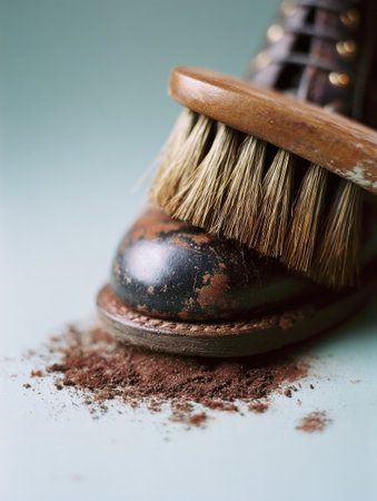A close-up view of a worn leather boot being cleaned with a brush, showing dust and dirt on a smooth surface.の素材