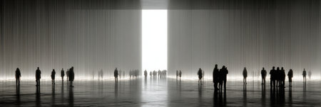 Silhouetted figures wander through a spacious modern area filled with soft lighting and subtle shadows, creating an inviting and contemplative atmosphere.の素材