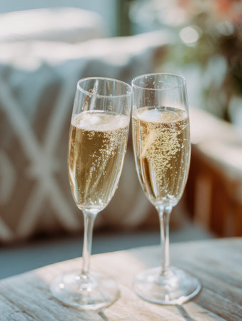 Two elegant champagne flutes filled with sparkling drink rest on a wooden table, capturing a tranquil moment in a charming outdoor environment under the sun.の素材