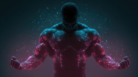 A strong figure stands in a dark environment with a silhouette filled with glowing particles. The vibrant energy conveys strength and determination in action.の素材