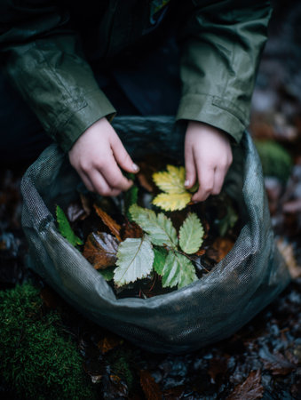 During a peaceful autumn day, a person collects vibrant leaves in a bag, surrounded by the rich textures of the forest floor and soft moss.の素材