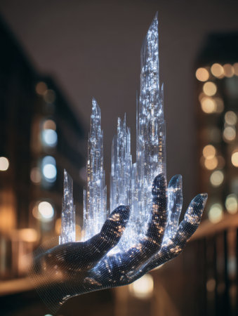 A glowing hand displays shimmering crystals against a blurred city skyline at night, merging technology with art.の素材