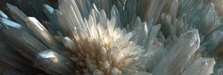 Stunning cluster of crystalline structures, featuring sharp points and varying textures illuminated by soft natural light, creating a captivating visual appealの素材