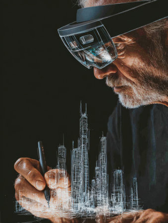 An architect in AR glasses sketches futuristic skyscrapers in a bright, modern workspace, blending creativity with advanced technology.の素材