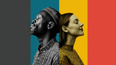 Two people are shown with contrasting expressions, one smiling and the other serene, placed against vibrant colors symbolizing harmony and diversity.の素材