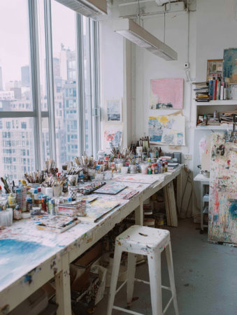 Sunlight fills the art studio highlighting a large work table covered with paint materials and brushes. Colorful artwork hangs on the walls.の素材