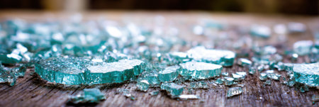 Bright blue-green glass shards are scattered across a textured wooden surface, capturing sunlight while surrounded by a natural backdrop.の素材