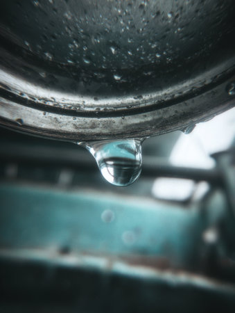 Water droplet hangs from a metal surface, creating a moment of beauty amidst a blurred industrial backdrop, capturing natures simplicity.の素材