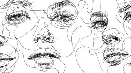 Multiple faces are illustrated in a flowing line drawing style, capturing diverse emotions with subtle expressions and abstract shapes that intertwine.の素材