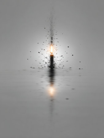 A single candle flame illuminates while creating small ripples on serene water, set against a minimalist gray background, evoking tranquility and calmness.の素材