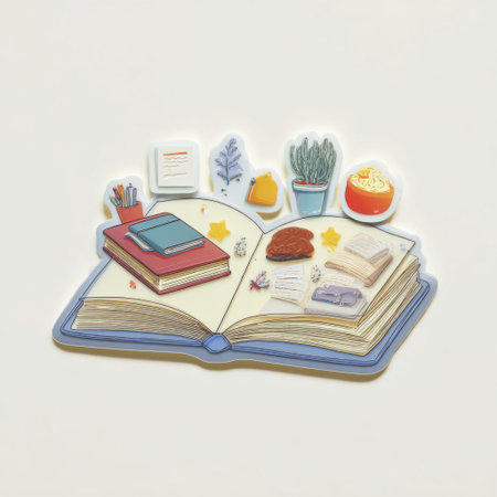An open book displays various stationery items and decorative elements, creating a vibrant scene that encourages creativity and relaxation in a cozy atmosphere.の素材