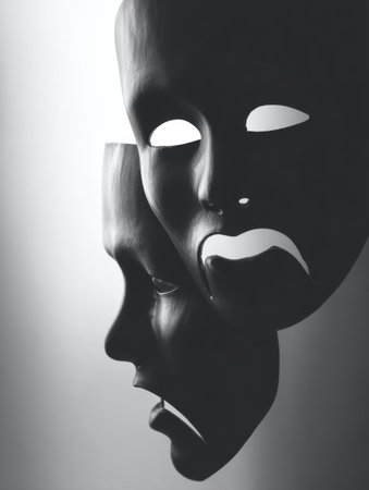Three dramatic masks in black and white showcase various emotional expressions, highlighted against a soft gradient background, evoking deep feelings.の素材