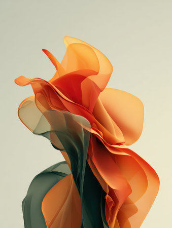 Soft folds of orange and green create an abstract design that captures movement and depth, set against a subtle light background during daytime.の素材