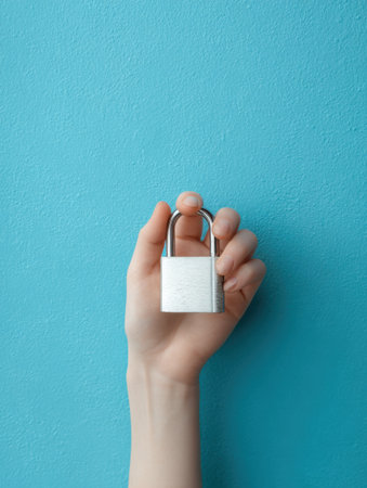 A persons hand grips a shiny silver padlock, contrasting sharply with a vibrant blue wall in a bright environment, symbolizing security and protection.の素材