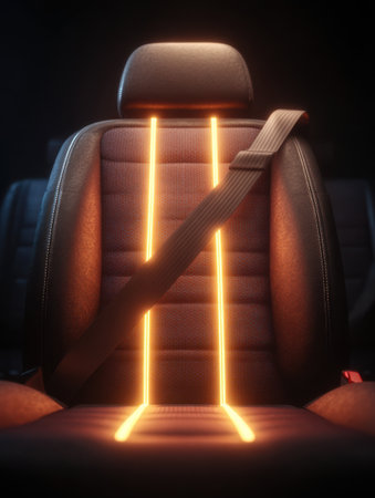 Warm orange light highlights the contours of a car seat and seatbelt, creating a modern and inviting atmosphere in the vehicles interior.の素材