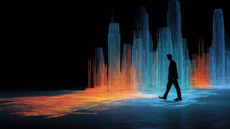 A man walks through a futuristic city, surrounded by a colorful digital skyline that glows against the dark background, creating a striking contrast.の素材