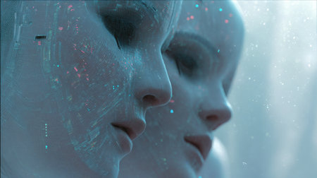 These two mannequin heads are displayed closely together, featuring a blend of digital elements and a soft mist that enhances their otherworldly appearance.の素材
